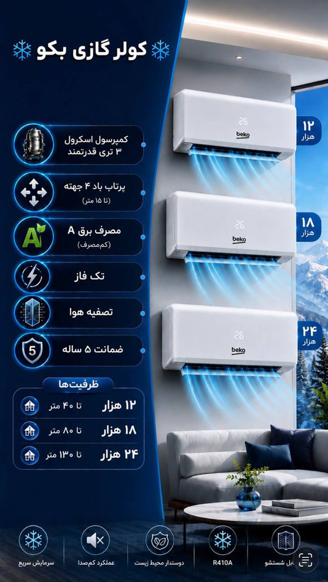 کولرگازی 12000 بکو beko T3 wifi